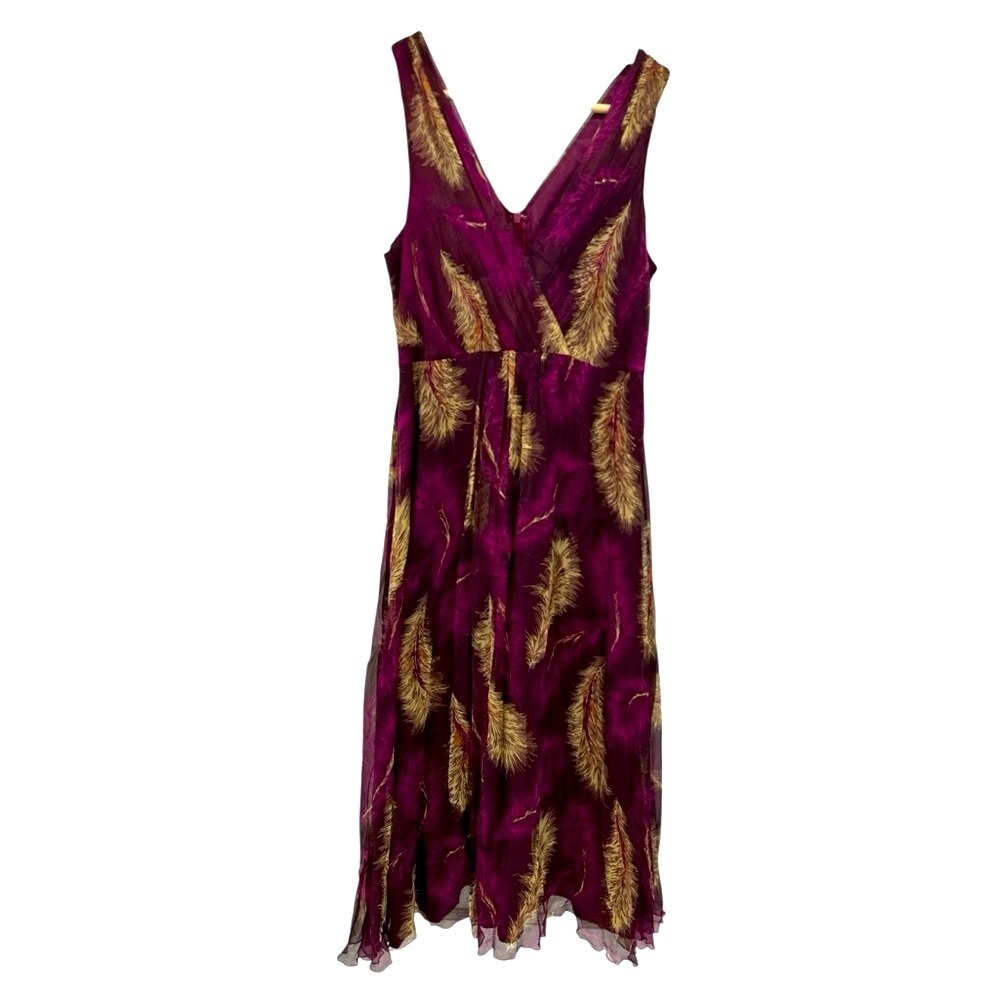 Anthropologie Saja Grand Salon Silk Feather Print Y2K 2000s Midi Dress - 6